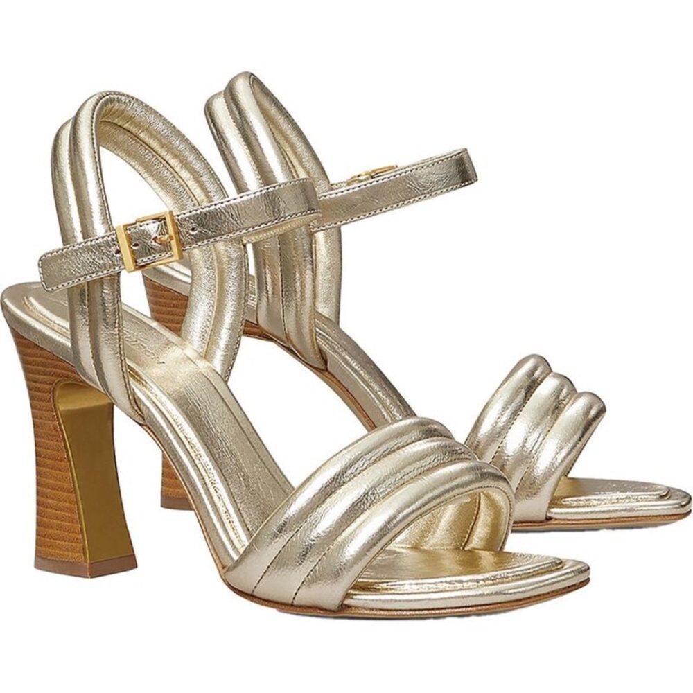 Tory Burch Womens PUFFED UP SANDAL Gold Leather Open Toe Block Heel Shoes US10